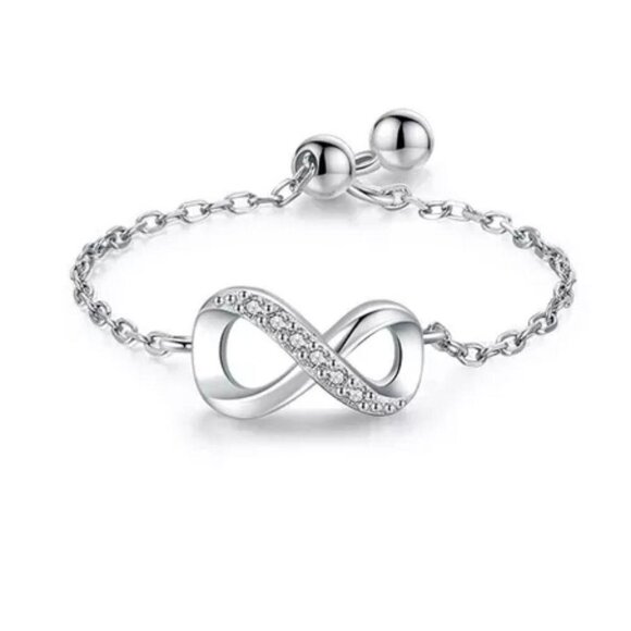 925 Sterling Silver Platinum Plated CZ Infinity Chain Ring - Picture 1 of 5